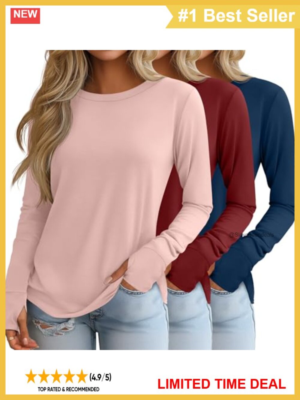 Womens Long Sleeve Cotton Shirts 3 Pack Thumb Holes Crew Neck Tunics